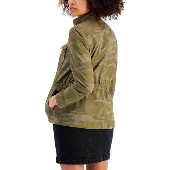 Style & Co Jacket Camo Print Coat Zip-Up Drawstring-Waist WMN L Green Button Zip - Picture 3 of 11